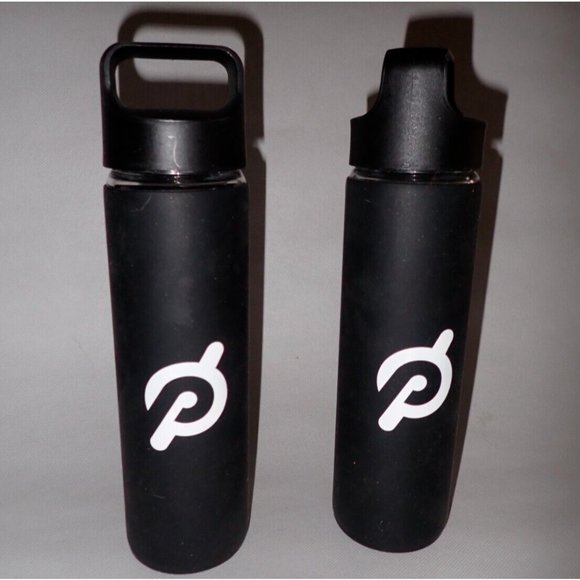 Pair of Glass Peloton Black Water Bottles w/‎ Silicone Non-Slip Grip Set of 2 - Picture 1 of 4